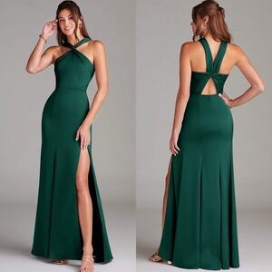 Azazie | Rue Mermaid Pleated Stretch Satin Maxi Dress